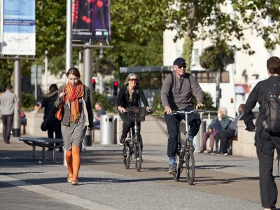 Cyclists and pedestrians in a city centre