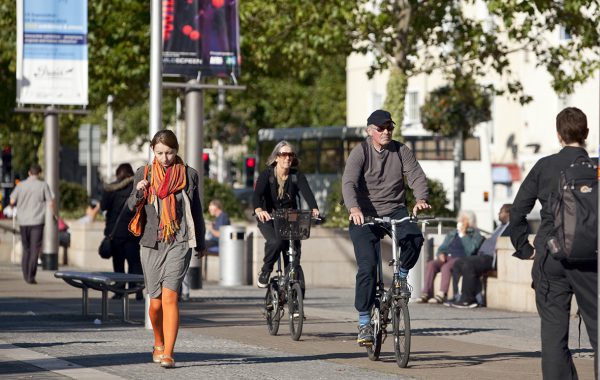 Cyclists and pedestrians in a city centre