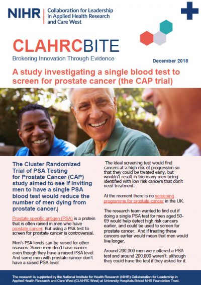 Investigating a single blood test to screen for prostate cancer (the CAP trial)