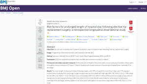 Screenshot of paper titled: Risk factors for prolonged length of hospital stay following elective hip replacement surgery: a retrospective longitudinal observational study