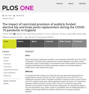 Screenshot of paper titled: The impact of restricted provision of publicly funded elective hip and knee joints replacement during the COVID-19 pandemic in England