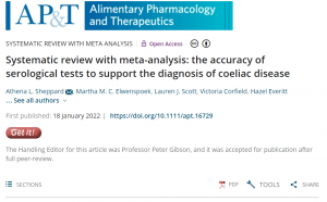 Screen shot of 'Systematic review with meta-analysis: the accuracy of serological tests to support the diagnosis of coeliac disease' paper