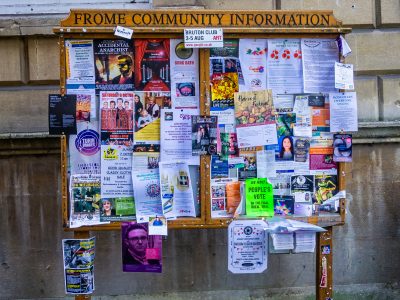 A community noticeboard in Frome, Somerset