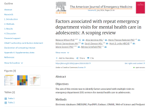 Screenshot of paper titled: Factors associated with repeat emergency department visits for mental health care in adolescents: A scoping review