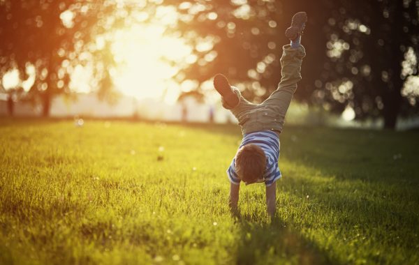 A little boy is doing a handstand on some grass