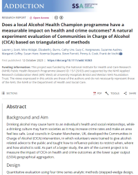 Screen shot of the paper Does a local Alcohol Health Champion programme have a measurable impact on health and crime outcomes? A natural experiment evaluation of Communities in Charge of Alcohol (CICA) based on triangulation of methods
