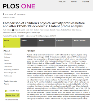 Screenshot of paper entitled: Comparison of children's physical activity profiles before and after COVID-19 lockdowns: A latent profile analysis