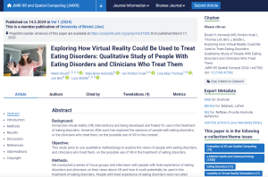 Screenshot of paper titled: Exploring How Virtual Reality Could Be Used to Treat Eating Disorders: Qualitative Study of People With Eating Disorders and Clinicians Who Treat Them