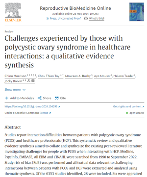 Screenshot of paper titled: Challenges experienced by those with polycystic ovary syndrome in healthcare interactions: a qualitative evidence synthesis