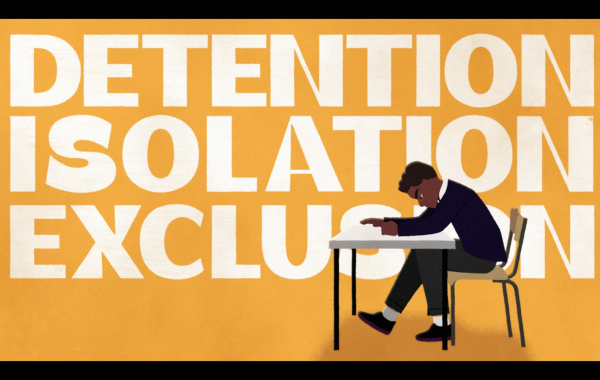 Screenshot from the school discipline animation with a pupil sitting at a desk in front of the words 'detention, isolation' exclusion'