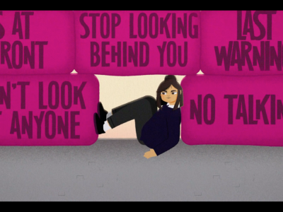 A screenshot from the school discipline animation showing a young person being crowded by phrases like 'stop looking behind you' and 'no talking'
