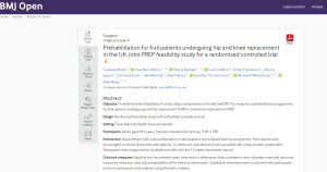 Screenshot of paper titled: Prehabilitation for frail patients undergoing hip and knee replacement in the UK: Joint PREP feasibility study for a randomised controlled trial