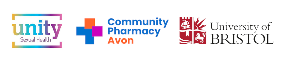 Logos of Unity Sexual Health, Community Pharmacy Avon and University of Bristol