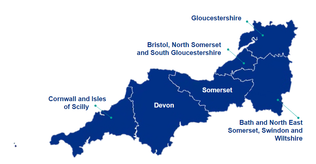 Map of the South West Secure Data Environment (SDE) region, including Cornwall and the Isles of Scilly, Devon, Somerset, Bristol, North Somerset and South Gloucestershire, Gloucestershire and Bath and North East Somerset, Swindon and Wiltshire