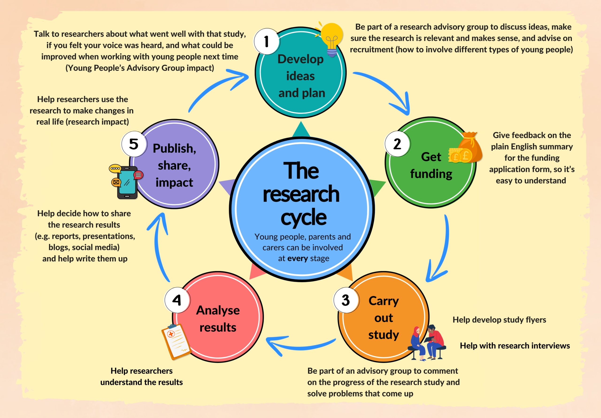 Diagram designed for young people explaining the research process and how they can be involved in it